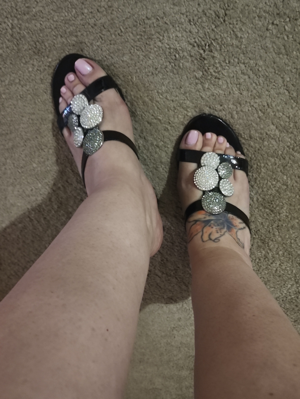 White House Black Market Black Sandals with Rhinestone Disc Accents